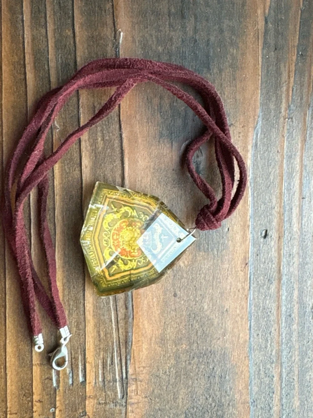 Boho Suede Necklace with Maroon Cord and Decorative Pendant